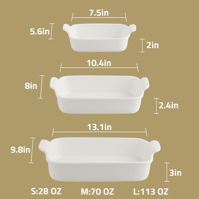 Sweejar Baking Pans Set, Ceramic 9x13 Baking Dish with Handle, Rectangular Casserole Dishes for Oven, Bakeware Sets of 3, Durable Lasagna Pan Deep for Kitchen, Banquet, Wedding Gift(White)
