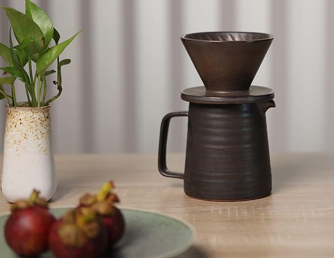 Stoneware Handmade Pour Over Coffee Maker Set, Ceramic Coffee Brewer Hand Drip Cone Dripper & Coffee Pot Microwaveable Decanter, Retro Metallic Glaze, 16oz