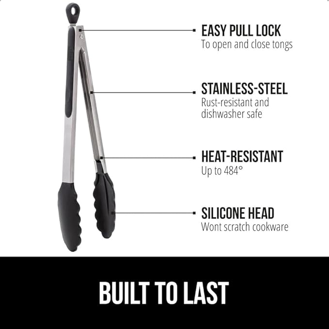 GORILLA GRIP Stainless Steel Heat Resistant Kitchen Tongs for Cooking, 7 + 9 + 12 Inch Set of 3 BBQ Tong, Non Scratch Silicone Tip for Pans, Strong Grip, Grab Food, Salad, Pull Lock, Black Gray Blue