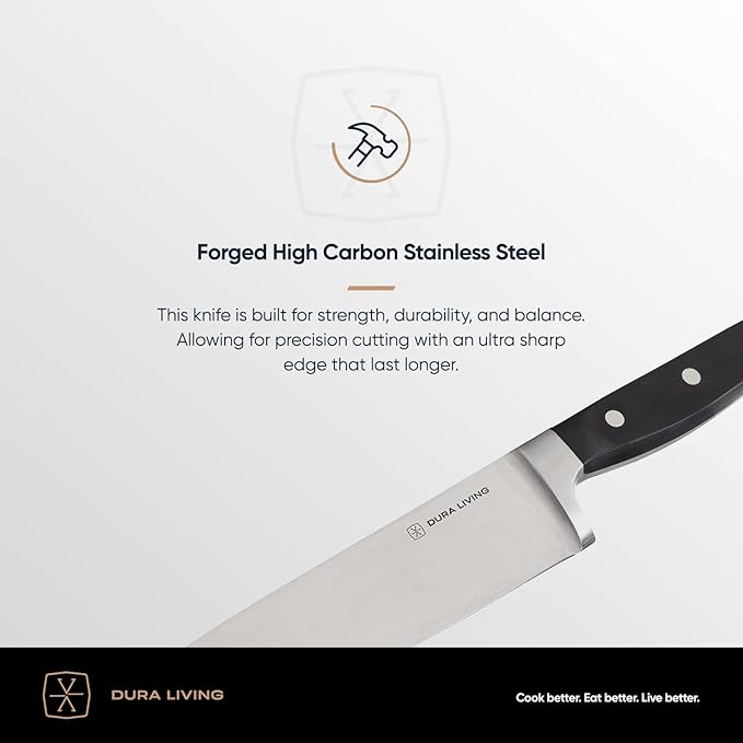 DURA LIVING 7-Inch Santoku Knife - Razor-Sharp High-Carbon Stainless Steel Blade, Forged Ergonomic Riveted Handle, Chef Knife for Chopping, Slicing & Dicing, Multipurpose Kitchen Knife, Home Chef