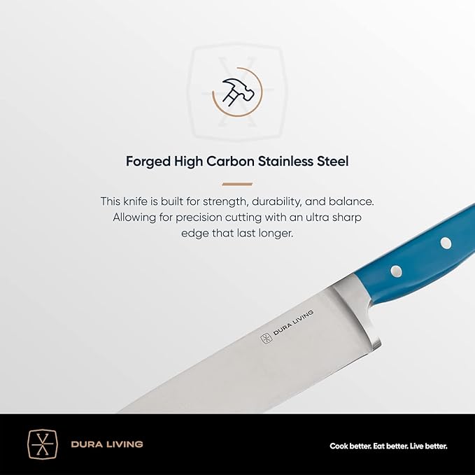DURA LIVING Chef's Knife Set, 4 Piece Cutlery Knife Set, Superior Forged High Carbon Stainless Steel Ultra Sharp 8 Inch Chef, 7 Inch Santoku, 5 Inch Utility, 3.5 Inch Paring Knives, Royal Blue