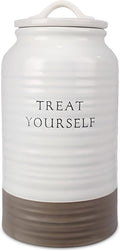 Young's Inc. Ceramic Cookie Jar - Cute Kitchen Counter Storage Canister with Lid - Perfect for Cookies, Coffee, Tea, Candy, Dog Treats, and More - Treat Yourself - White, Brown