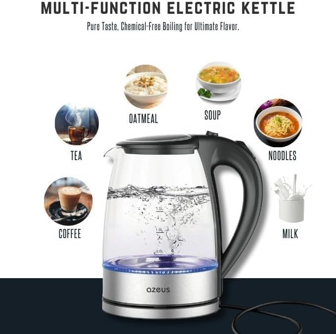 AZEUS Glass Electric Kettle - 1.8L Fast Boiling Auto-Shutoff & Anti-Dry Heat Safety Kettle for Home/Office, Borosilicate Glass with LED Indicator (white)