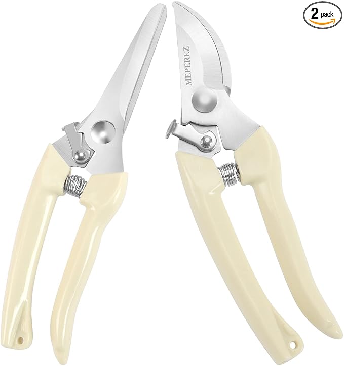 Premium garden shears, meperez pruning scissors gardening tools, pruners for flower, bushes, rose and fruit tree, use for florist, yard and orchard the plant clippers, sharp white steel anvil snips, 2