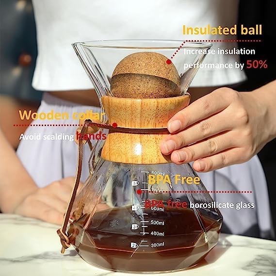 Pour Over Coffee Maker With Wood Sleeve，20oz/600mlPour Over Coffee Dripper,Pour Over Coffee Maker Set With Cork Stopper (20oz/600ml)