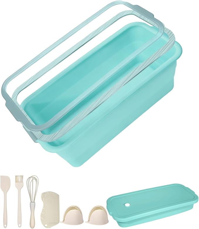 Large size foldable silicone bread loaf pan with lid,11x4.7 Inch easy to store non stick Bread Baking Pans,Sourdough Bread Pan with Baking Tool Supplies Kit for Homemade Bread, Cake