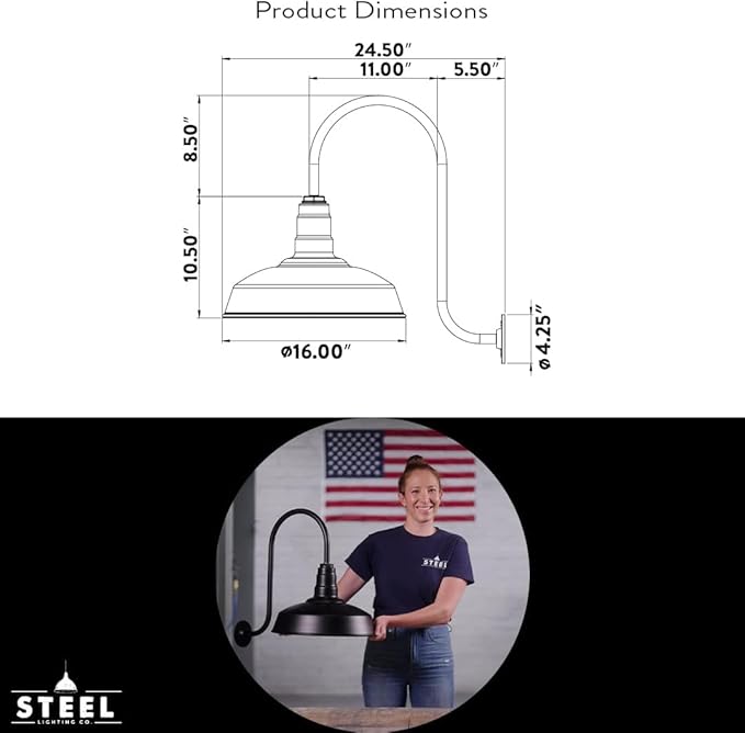 Steel Lighting Co. Gardena Barn Light | Outdoor Wall Mounted | 16" Dome | 23" Gooseneck | Farmhouse Light Made in America | Navy Blue Exterior/Brass Interior