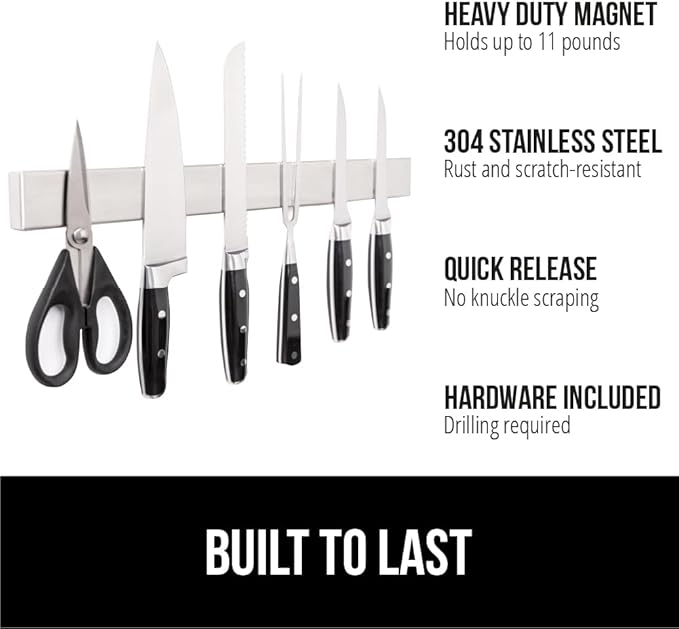 GORILLA GRIP Stainless Steel Magnetic Knife Holder for Wall, 24 Inch, Multi-Purpose Magnet Bar for Knives, Tools, Art Supplies, Heavy Duty Strip Holds Up to 6 lbs, Kitchen Organizer, Drilling Required