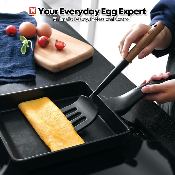 Set of 2pc Silicone Cooking Utensils: Wooden Handle Slotted Spatula + Cooking Skimmer, Heat Resistant Cooking Utensil, BPA Free, Safe Material for All Cooking Surfaces, Non-Slip Grip