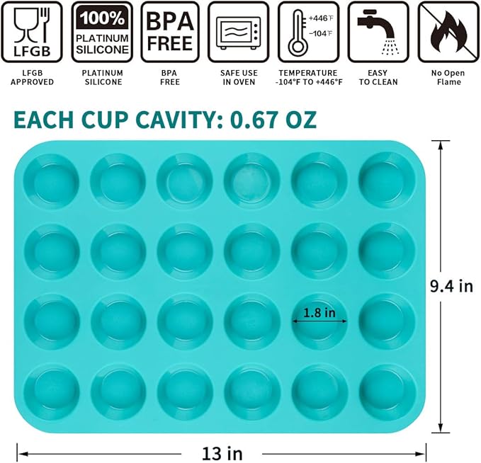 Mini Muffin Pan 24 Mini Cupcake Pans Silicone Molds Food Grade Silicone Muffin Pans for Baking Pack of 2