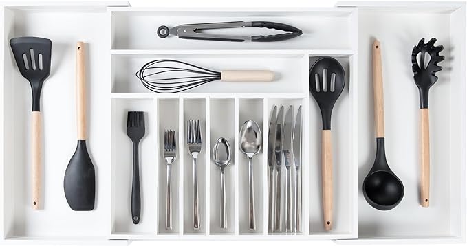 KitchenEdge Premium Silverware, Flatware and Utensil Organizer for Kitchen Drawers, Food-Safe Contract Grade, Expandable from 18 to 33 In, White Bamboo