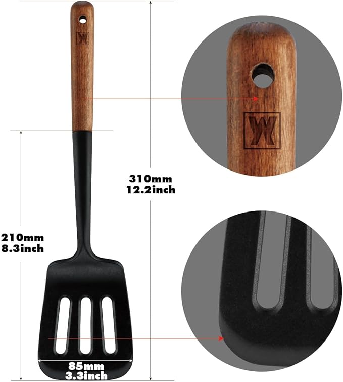 Set of 2pc Silicone Cooking Utensils: Wooden Handle Slotted Spatula + Cooking Skimmer, Heat Resistant Cooking Utensil, BPA Free, Safe Material for All Cooking Surfaces, Non-Slip Grip