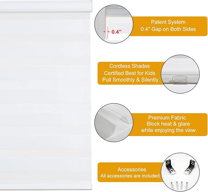 Persilux Cordless Zebra Blinds for Windows, Roller Shades for Windows (17" W x 47" H, White) Dual Layer Fabric for Day and Night,Room Darkening Shades for Home, Office, Bedroom and Living Room