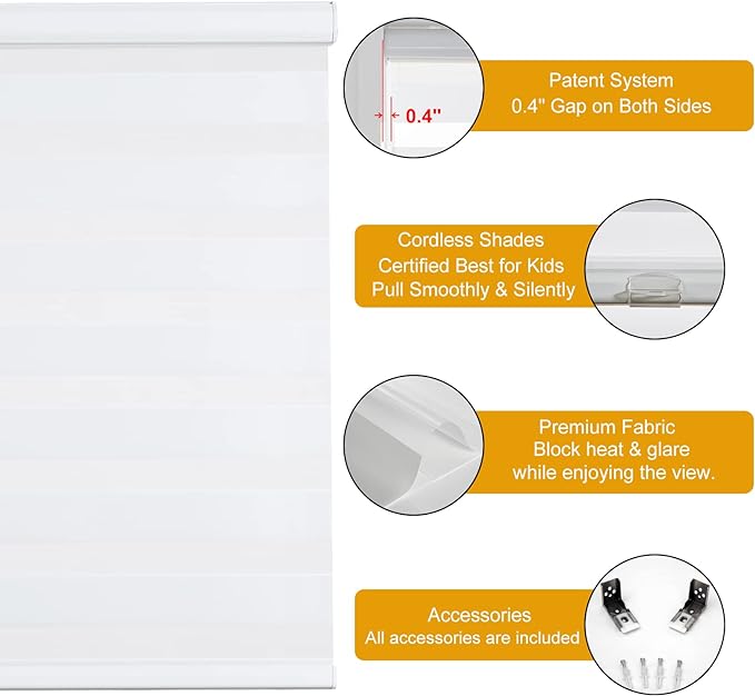 Persilux Cordless Zebra Blinds for Indoor Windows, Free-Stop Light Filtering Sheer Shades, Dual Layer for Day and Night, Roller Shades for Home (22.5" W X 72" H, White)