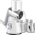 Rotary Cheese Grater with Handle, Kitchen Speed Hand Crank Vegetable Slicer, Potato Hash Brown Shredder Spinning Nut Grinder with 3 Replaceable Stainless Steel Drum Blades (White)