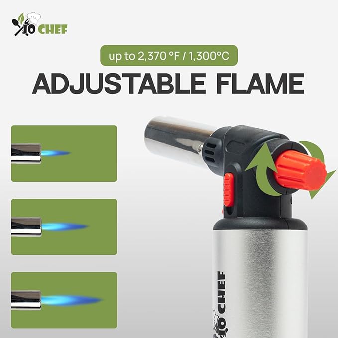 Jo Chef Kitchen Torch with Butane Included – Refillable Lighter with Safety Lock & Adjustable Flame, Blow Culinary Torch for Cooking, BBQ, Creme Brulee, DIY and Soldering - 5 Cans (3.38oz) Included