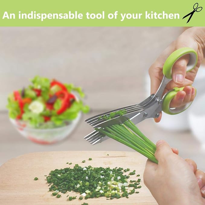 5-Blade Herb Cutter Scissors with Safety Cover, Cleaning Comb - Green