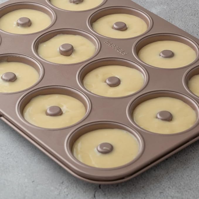 HAPPIELS 12 Well Donut Pan Nonstick, Non Toxic PFOA & BPA Free Donuts Mold for Baking, Doughnut Tin for Oven, Doughnuts Pans and Molds Non Stick Nontoxic, Baking Tray Pans & Trays without Teflon