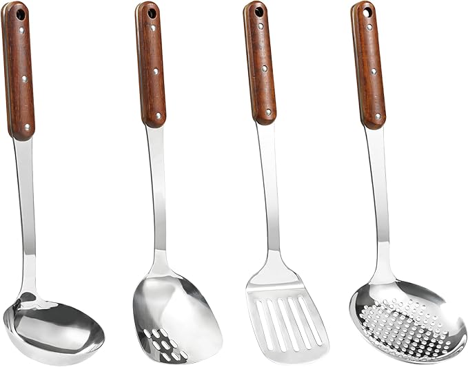 FJNATINH Stainless Steel Wok Spatula,Slotted Spatulas,Ladle,Skimmer Ladle Tool Set,Mirror Polished Cooking Utensils Kitchen Cookware, Pack of 4,Sliver