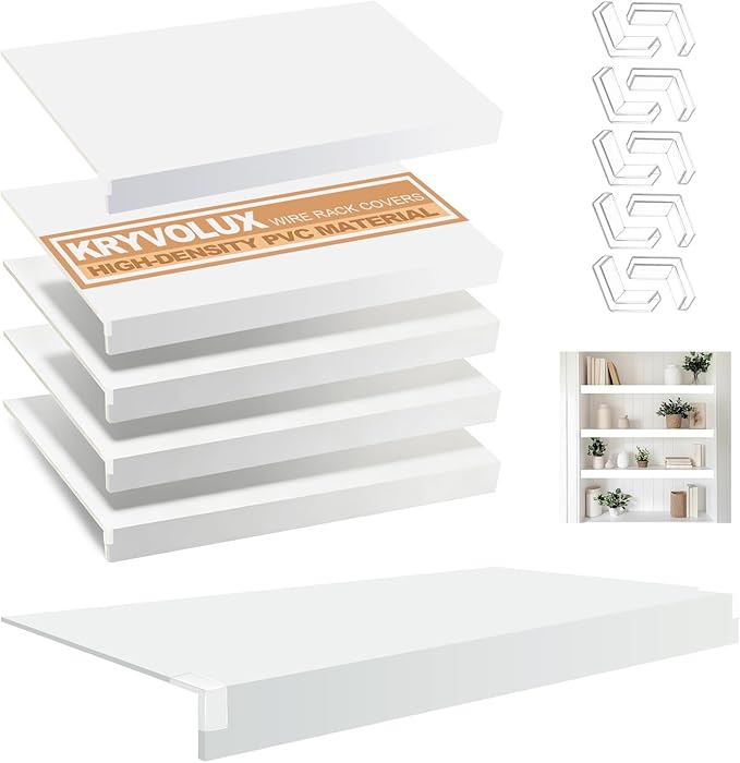 5 Pcs Wire Rack Covers 16x9x3 inch PVC Pantry Shelf Cover 0.31 inch Thick Removable Closet Wire Rack Shelf Covers,Decoration Kitchen Bathroom Office Shelving (Light Luxury White,16x9x3 inch)