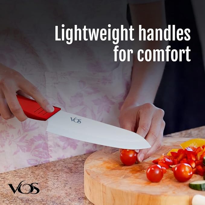 Vos Ceramic Knife Set in Elegant Gift Box, Ceramic Knives Set For Kitchen, Ultra Sharp Kitchen Knife Set with Covers, 4" 5" 6" Paring, Santoku & Chef Knife, Lightweight, Dishwasher safe (Multi-Color)
