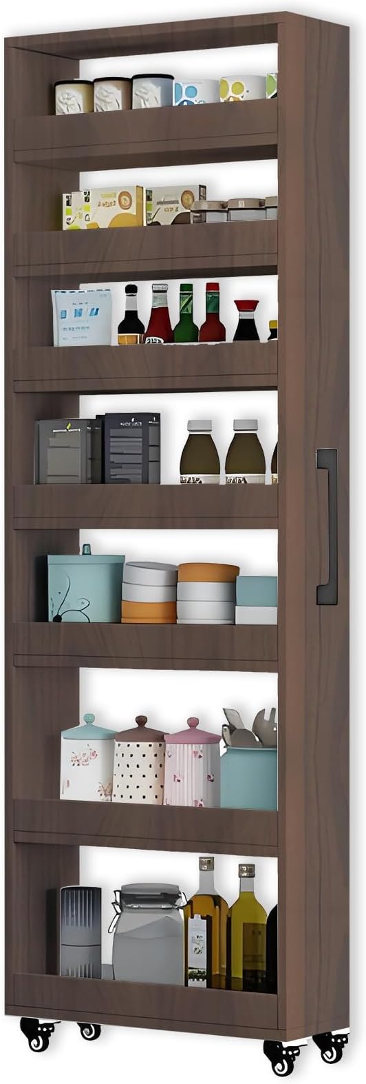 7-Tier Slim Storage Cart, Wooden Rolling Pantry Cabinet with Wheels, Narrow Shelf Organizer for Kitchen, Bakers Rack, Dining Room, Closet, Small Spaces Gray 47.2" H*5.9" W*23.6" D