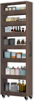 7-Tier Slim Storage Cart, Wooden Rolling Pantry Cabinet with Wheels, Narrow Shelf Organizer for Kitchen, Bakers Rack, Dining Room, Closet, Small Spaces Teak 47.2" H*7.8" W*16.9" D