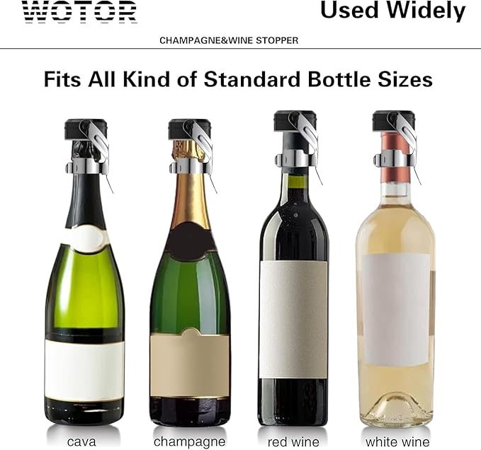 WOTOR Champagne&Wine Bottle Stoppers Stainless Steel with Food Grade Silicone, Leak Proof Keep Fresh Reusable Saver, Cork Suitable for Wine, Champagne, Cava, Prosecco and Sparkling (8 Pack Silver）