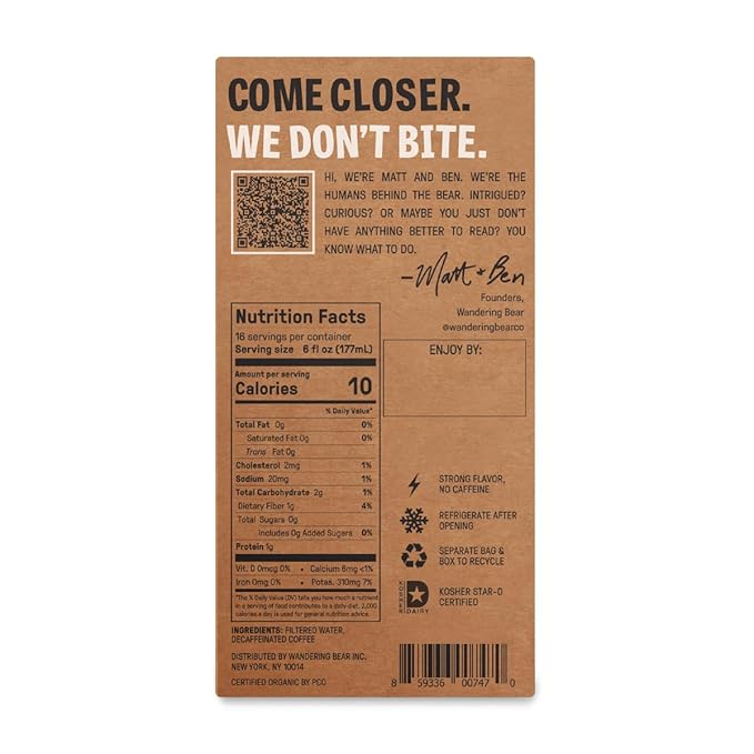 Wandering Bear Decaf Cold Brew Coffee On Tap, Iced Coffee Drink - Bold, Smooth, No Sugar Added, Shelf-Stable, Ready to Drink, Gluten Free & Vegan Decaf - 16 Servings of 6fl.oz - 96fl.oz