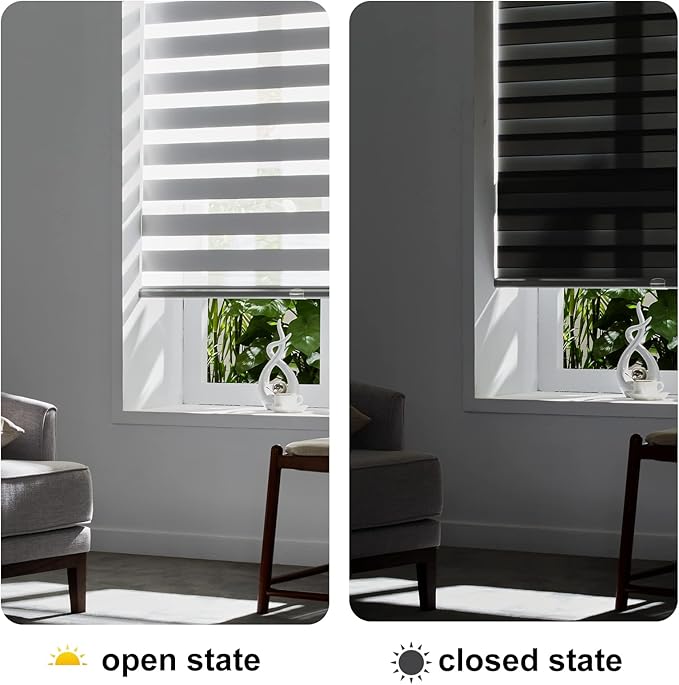 Persilux Cordless Zebra Shades (27" W X 64" H, Grey) Free-Stop Window Shades Dual Layer Light Control for Day and Night, Light Filtering Sheer Blinds for Windows, Easy to Install