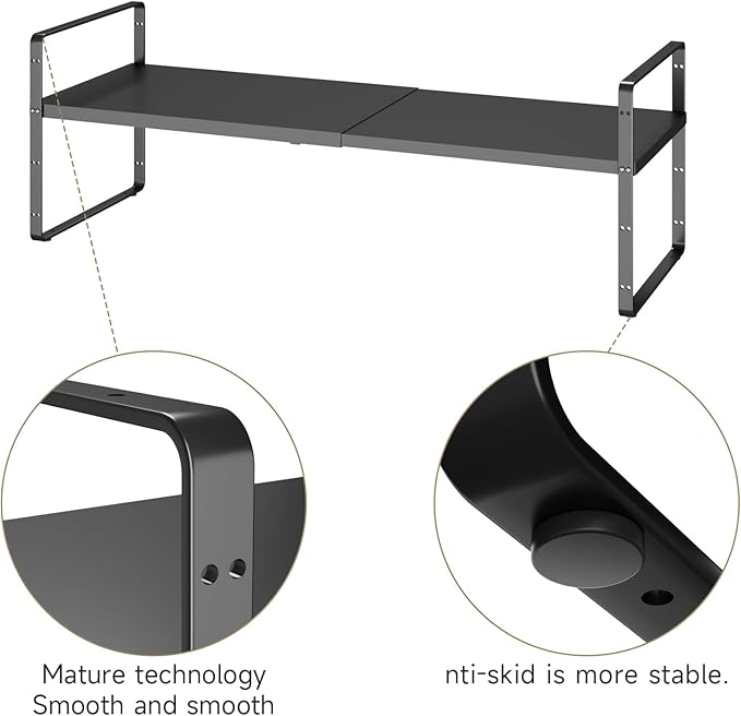 16.5~27.1" Expandable Shelf Organizer, 1Pack 10.2" Wide Stackable Cabinet Shelf Organizers, Black Metal Sturdy Kitchen Counter Storage for Countertop, Adjustable Height Spice Rack