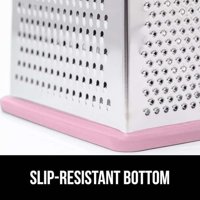 GORILLA GRIP 4-Sided 100% BPA-Free Cheese Grater With Container, Stainless Steel XL Box Graters, Parmesan Shredder, Grate Cheeses, Shred Veggies, Slip Resistant Handle, Dishwasher Safe Zester, Pink