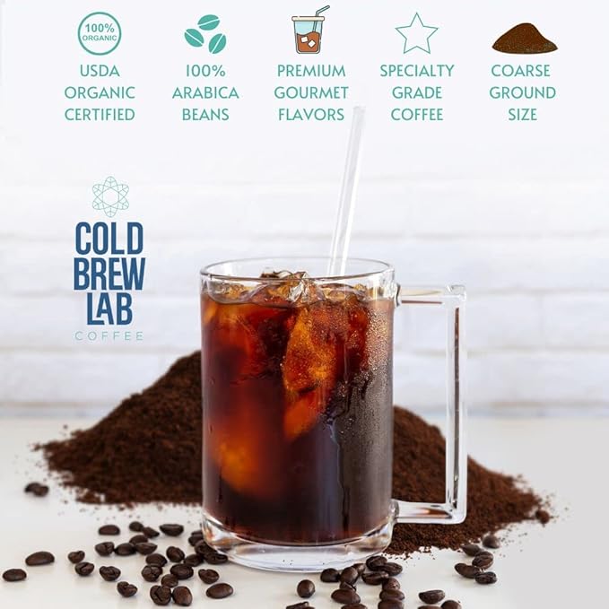 Cold Brew Organic Coarse Ground Flavored Coffee, Coconut Flavor, Dark Roast, Colombian Supremo, Coarse Grind for Cold Brew Coffee & French Press,1 LB (Pack of 2)