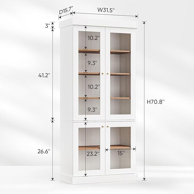 70.8" Bookshelf with Glass Doors, Farmhouse Modular Bookcase with 6-Tier Adjustable Shelves, Large Storage Cabinet for Living Room & Home Office, Set of 4, White