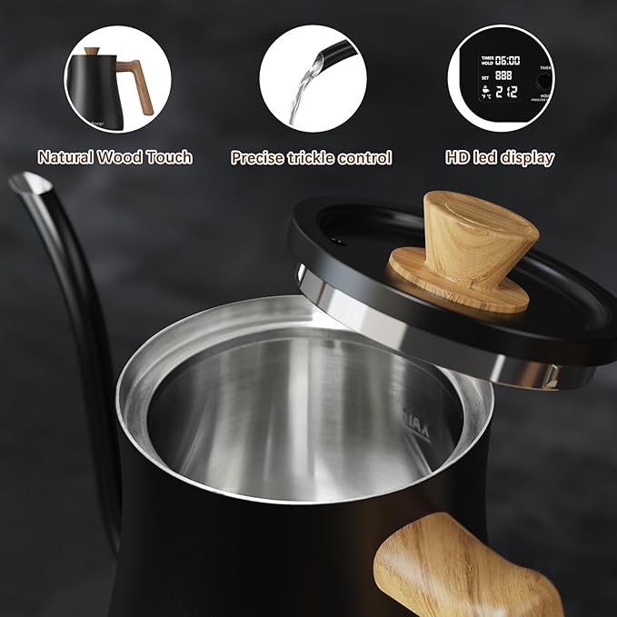 Gooseneck Electric Kettle, Electric tea Kettles, ±1℉ Temperature Control for Pour-Over Coffee & Tea Brewing, Stainless Steel Inner, Quick Heating, Boil Hot Water, 1200W/0.8L (Black Wooden)