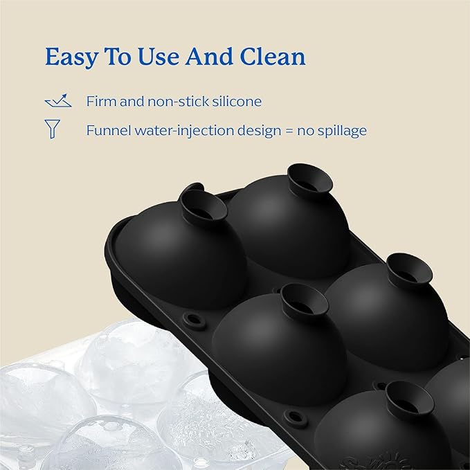 Samuelworld Premium Ice Tray Combo (16 Ice Cubes/6 Ice Ball), Large Ice Sphere Maker & New Upgraded Ice Cube Trays, Food Grade, Spill-Free Integrated Funnels, Whiskey Bourbon Cocktails, Black