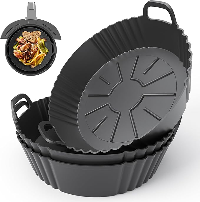 Round Silicone Air Fryer Liners 3Pack, Ninja AF101 & AF161 Silicone Liners for 4-5.3QT, Reusable Air Fryer Accessories Food Grade Liners, Compatible with Ninja, COSORI, Tefal, Bear, Chefman
