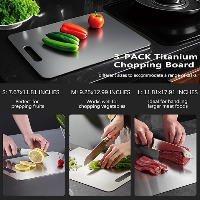 Titanium Cutting Board Set of 3,100% Pure Titanium Cutting Boards for Kitchen Double Sided,Hygiene Durable Dishwasher,Fruit & Vegetables （S+M+L)