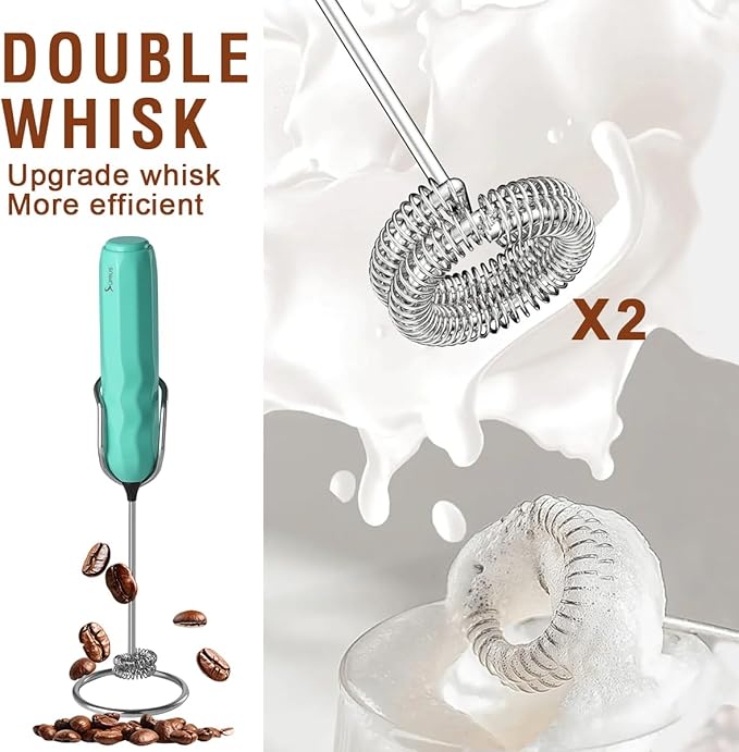 SUPRUS Ultra Fast Handheld Milk Frother Double Whisk with Stand 2 Batteries Stainless Steel for Lattes Cappuccino Matcha Hot Chocolate Coffee Bar Accessories Kitchen Gadgets Gift