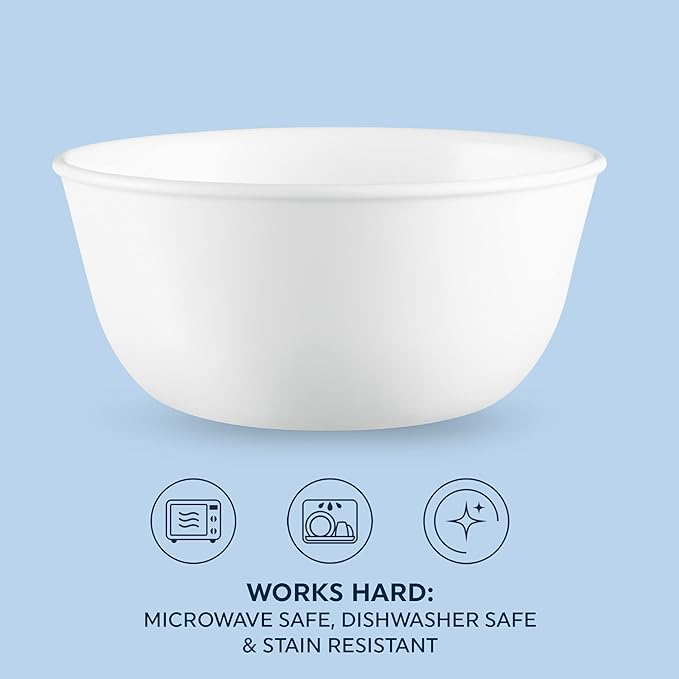 Corelle Vitrelle 28-oz Soup/Cereal Bowls Set of 6 Chip & Crack Resistant Dinnerware Bowls for Soup, Ramen, Cereal and More, Triple Layer Glass, Winter Frost White