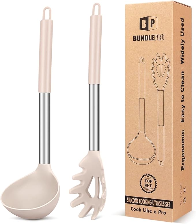 Silicone Pasta Fork and Ladle Spoon Set, Large Non Stick Kitchen Utensils for Cooking,Stirring,Serving Spaghetti, Soup, Sauce (KHAKI)