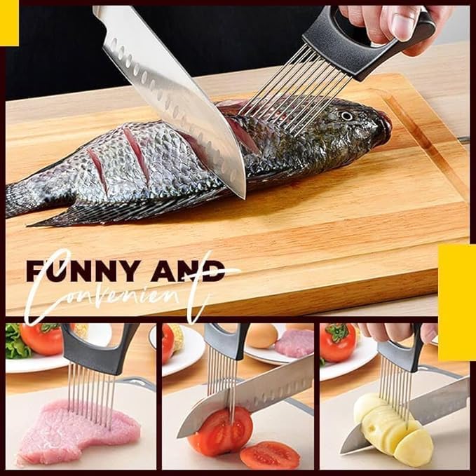 Onion Slice Holder - 2024 New Stainless Steel Slicing Assistant Tool for Onion, Meat, Potato, Tomato - Kitchen Gadget Chopper Cutter (Grey, 1 Pack)