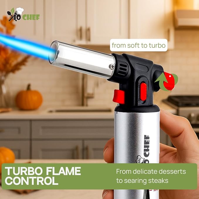 Jo Chef Butane Torch Lighter, Cooking Torch - Refillable Adjustable Flame Lighter with Safety Lock for BBQ, Baking, Brulee Creme, DIY + FREE Recipe eBook (Butane Not Included)