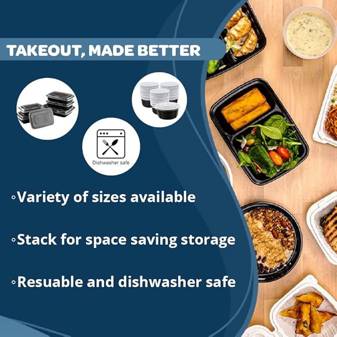 TIYA Containers - 48 oz Bulk 150 Pack with Lids - Rectangular Plastic To-Go Containers - Reusable, Microwavable, Dishwasher Safe - Leak-Proof for Meal Prep - BPA-Free