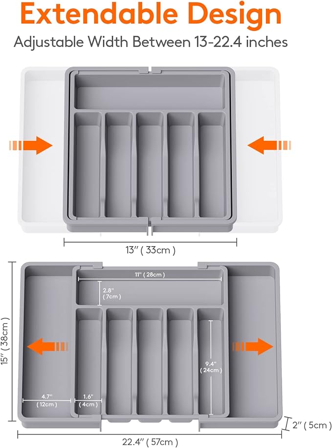 Lifewit Silverware Drawer Organizer, Expandable Utensil Tray for Kitchen, BPA Free Flatware and Cutlery Holder, Adjustable Plastic Storage for Spoons Forks Knives, Large, Grey