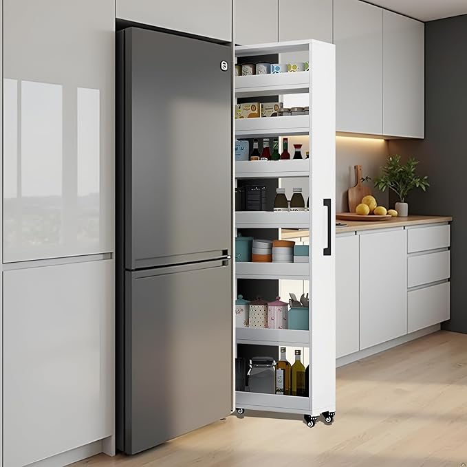 7-Tier Slim Storage Cart, Wooden Rolling Pantry Cabinet with Wheels, Narrow Shelf Organizer for Kitchen, Bakers Rack, Dining Room, Closet, Small Spaces Light Walnut 47.2" H*9.8" W*23.6" D