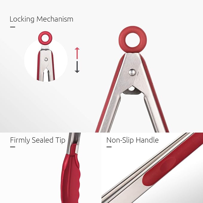 U-Taste Kitchen Tongs, 7/9/12 inches Cooking Tongs, with 600ºF High Heat-Resistant Non-Stick Silicone Tips, 18/8 Stainless Steel Handle, for Food Grill, Salad, BBQ, Frying, Serving, Pack of 3(Red)