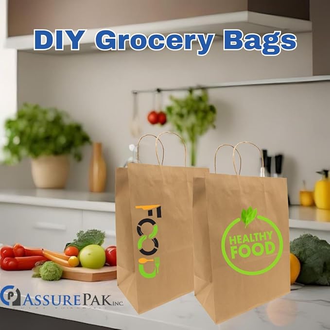 ASSUREPAK DIY Paper Bags - 200 units - Kraft Color - 12"x9"x16" - 74 LB (110 GSM strong) Twisted Handle - Kraft/Natural - Recyclable Food & Supermarket Bags for Decorating & Branding