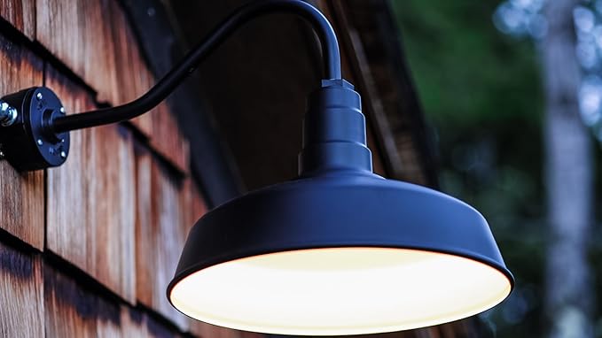 Steel Lighting Co. Gardena Barn Light | Outdoor Wall Mounted | 16" Dome | 23" Gooseneck | Farmhouse Light Made in America | Matte Black Exterior/Matte Black Interior