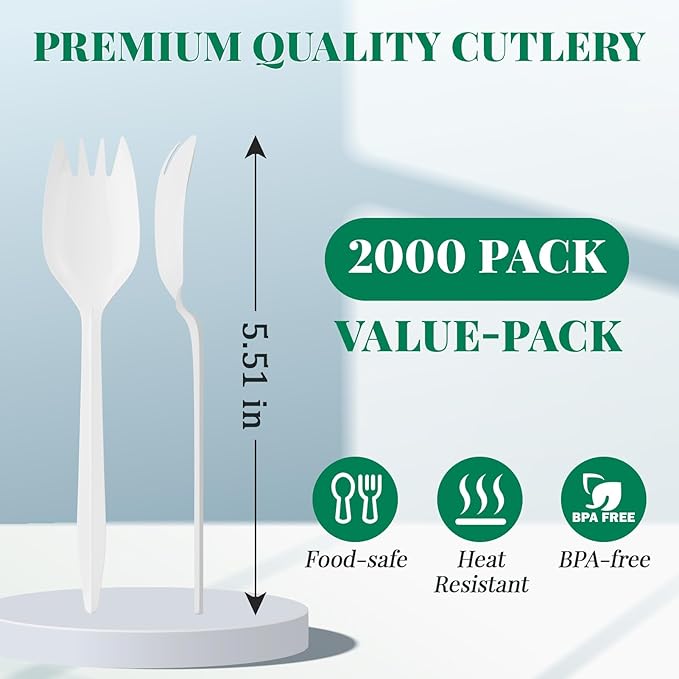 FOCUSLINE 2000 Pack White Disposable Sporks, Heat Resistant Plastic Sporks Bulk, Plastic Silverware for Take out Restaurants, Parties, Picnics, Travel & Any Events